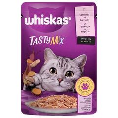 საკვები ჟელე კატის Whiskas ორაგული და სტაფილო სოუსში 85გრ