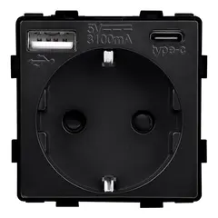 Розетка без рамки Socket Style 16A шторки USB-A C 3.1A 20W черный