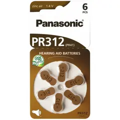 Воздушно-цинковая батарейка для слуховых аппаратов Panasonic PR312 1.4V 6 шт.