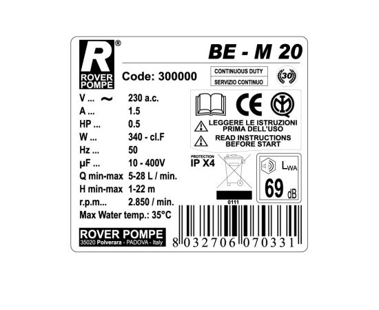 ტუმბო ღვინის Rover Pompe BE-M 20 0.5 ცხ/ძ