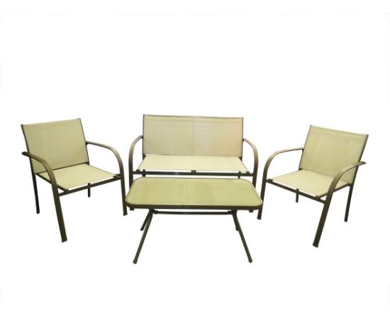 A set of rattan furniture Two chairs a table a 2-seater sofa