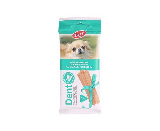 Chewable beef flavored snack for small breed dogs DENT
