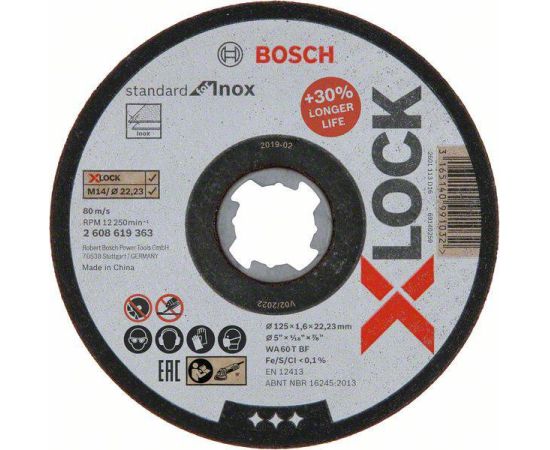 საჭრელი დისკი Bosch X-LOCK 125x1.6x22.23 მმ. უჟანგავი ლითონისთვის