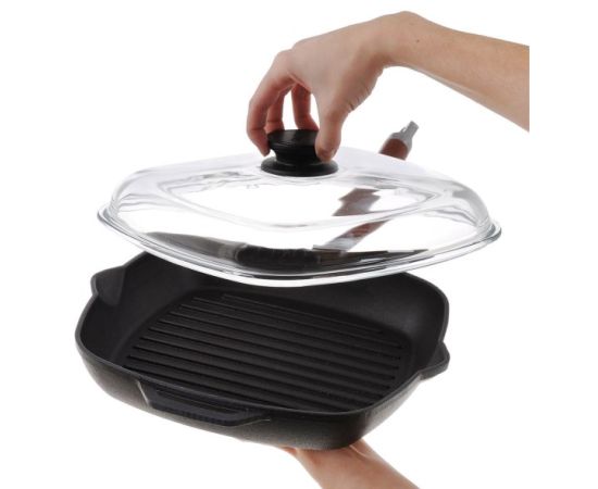 Cast iron frying grill-pan with removable handle and a glass cover Biol 1028C 28x28 cm