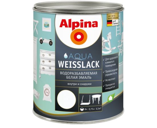 წყლის დისპერსიული ემალი Alpina Aqua Weisslack თეთრი პრიალა 0.75 ლ