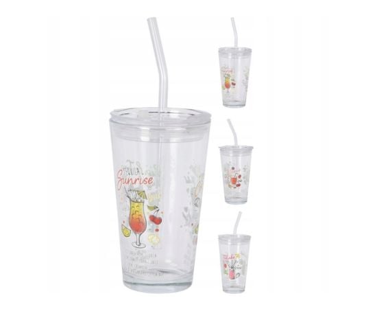 Glass cup with lid and straw Koopman 3ASS 400 ml