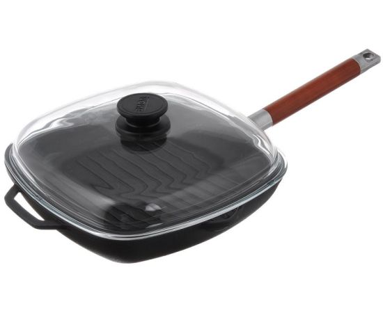 Сковорода-гриль чугунная со съёмной ручкой и стеклянной крышкой Biol 28х28 см