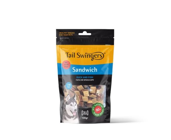 ძაღლის სასუსნავი Pet Interest Tailswingers Sandwich Small Bites იხვი და თევზი 100 გ