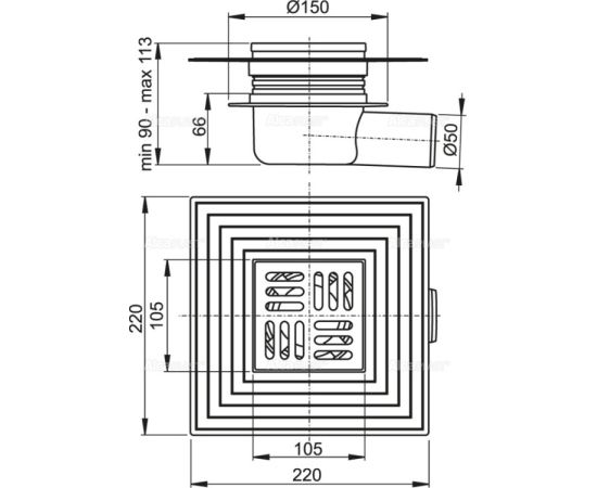 Floor drain Alcadrain APV26C 105×105/50 мм
