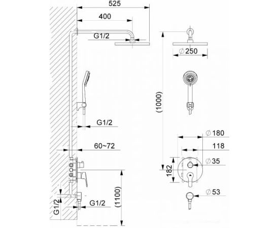 Shower. flush mounting system RUBINETA Kubo-2F-Uno (8в1)