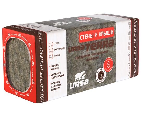 Минеральная вата URSA Terra 36 PN Стены и крыши 1250x610x50 мм 7.62 м²