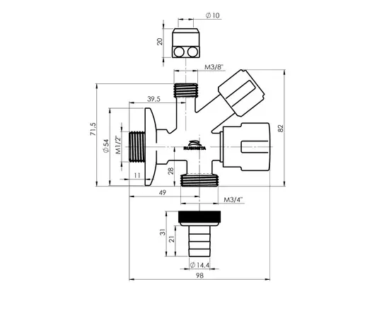 კომბინირებული ვენტილი Rubineta M1/2xM3/4xM3/8x10