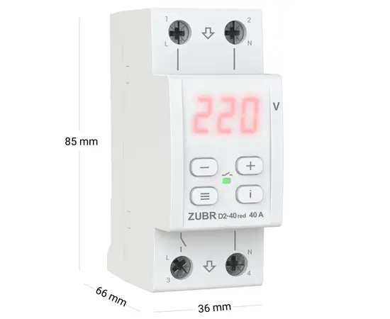 Реле ZUBR напряжения 1 фаза 2 модуля 40А 8 800VА D2-40 red