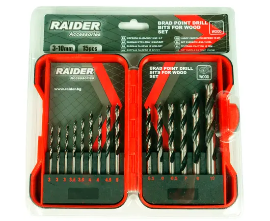 ნაკრები ბურღების ხისთვის Raider 157791 3-10 მმ 15 ც