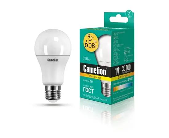 შუქდიოდური ნათურა Camelion 9W А60 Е27 3000K