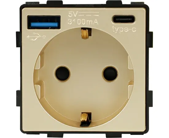 როზეტი ჩარჩოს გარეშე Socket Style 16A დამიწებით და შტორებით USB A C 3.1A 20W ოქროსფერი
