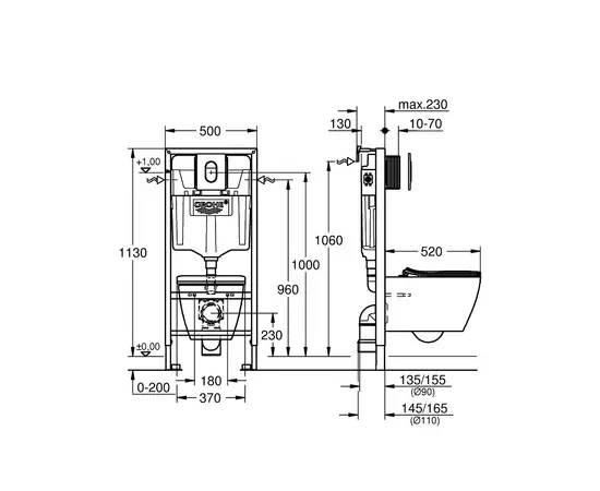 კომპლექტი Grohe Solido 4-in-1 Rapid SL+WC Serel Sp26 Rimless+Arena Cosmopolitan flush plate
