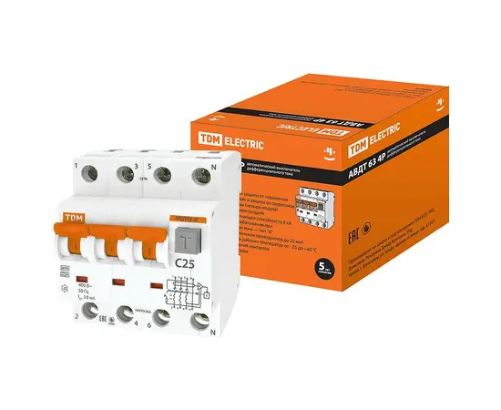 დიფუზური ავტომატი TDM 63 4P 3P N C25 30mA 6kA Type A