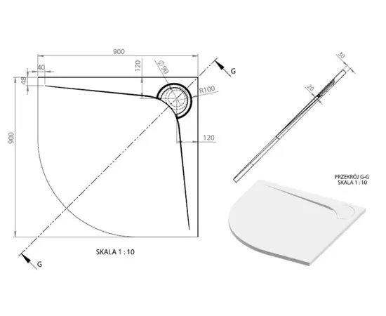 Artificial stone shower tray VAYER BUMERANG 90X90 cm