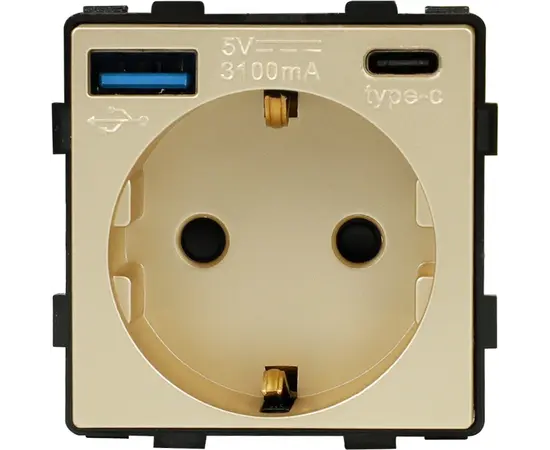 როზეტი ჩარჩოს გარეშე Socket Style 16A დამიწებით და შტორებით USB A C 3.1A 20W ოქროსფერი