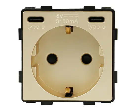 როზეტი Socket Style დამიწებით და შტორებით ჩარჩოს გარეშე 16A USB C+C 20W ოქროსფერი