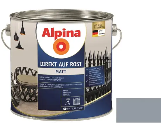 ემალი ანტიკოროზიული Alpina Direkt Auf Rost Matt მოვერცხლისფრო ნაცრისფერი 2.5 ლ