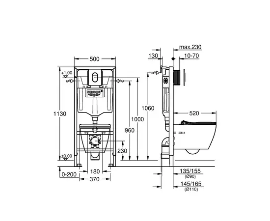 Комплект Grohe Solido 4-in-1 Rapid SL+WC Serel Sp26 Rimless+Arena Cosmopolitan flush plate