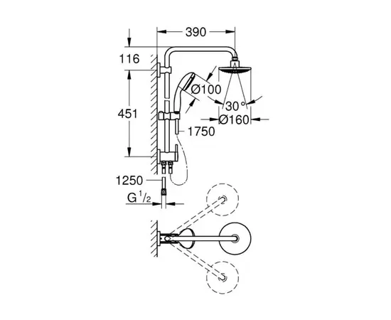 საშხაპე სისტემა გადამრთველით GROHE VITALIO START / 160 SHOWER SYSTEM+DIVERT 26226000 საშხაპე სისტემა გადამრთველით GROHE VITALIO START / 160 SHOWER SYSTEM+DIVERT 26226000