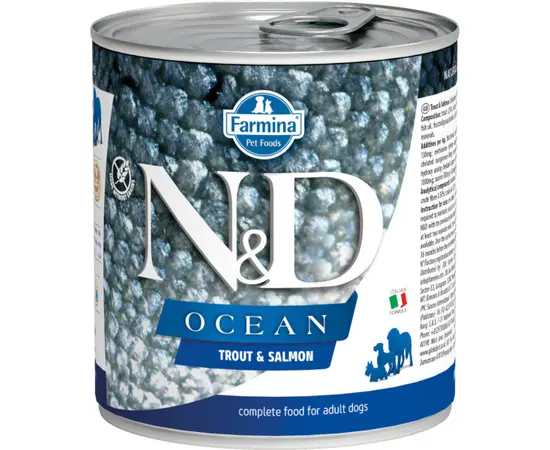 ძაღლის საკვები Farmina N&D Ocean Adult კალმახი და ორაგული 285 გ ძაღლის საკვები Farmina N&D Ocean Adult კალმახი და ორაგული 285 გ