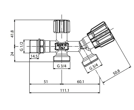 ორმაგი სარეცხის მანქანის ვენტილი Albertoni 1/2x3/4x3/4 ABS სახელურით