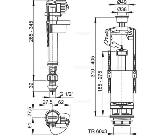 Fill and flush kit with stop button Alcadrain SA2000S 1/2" Fill and flush kit with stop button Alcadrain SA2000S 1/2"