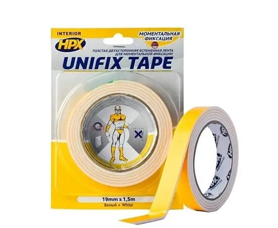 წებოვანი ლენტი ორმხრივი სქელი HPX Unifix Tape UF1915 19 მმ 1.5 მ თეთრი