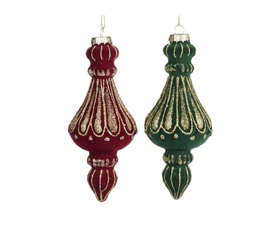 მორთულობა საახალწლო მინა GLSS FLOCK FIN ORN ASS 2 BURG GRN GLD 15სმ